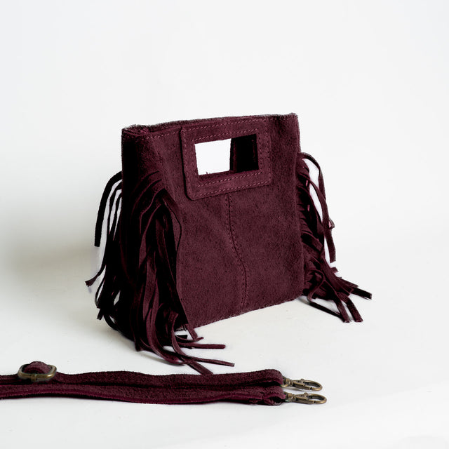 W by Whitemood-Mini borsa a mano scamociata con frange - vino
