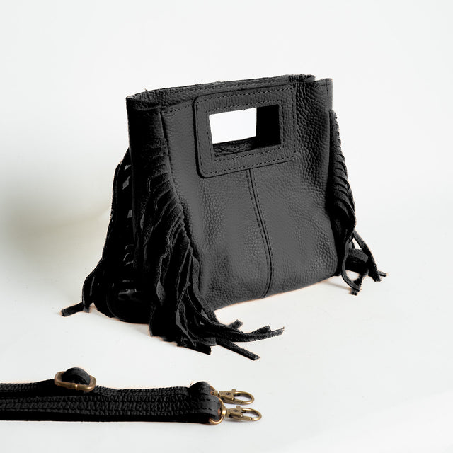 W by Whitemood-Mini borsa a mano con frange laterali - Nero