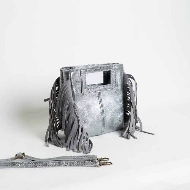 W by Whitemood-Mini borsa a mano con frange laterali - silver