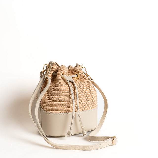 W by Whitemood-Borsa secchiello in rafia e pelle - gesso