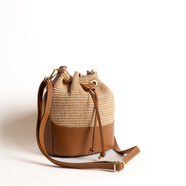 W by Whitemood-Borsa secchiello in rafia e pelle - cuoio