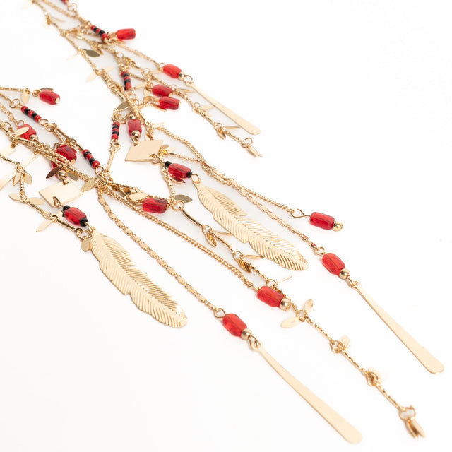 W by Whitemood-Collana multifilo foglie e perline - gold/red