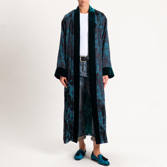 Wu'side-Kimono devorè bordi velluto - nero/ottanio