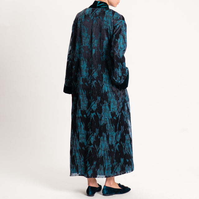 Wu'side-Kimono devorè bordi velluto - nero/ottanio