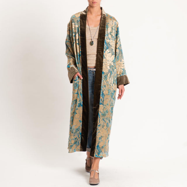 Wu'side-Kimono devorè bordi velluto - gold/turchese