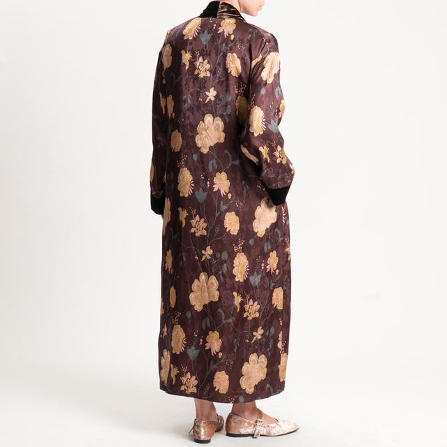 Wu'side-Kimono fantasia floreale bordi velluto - moro/miele