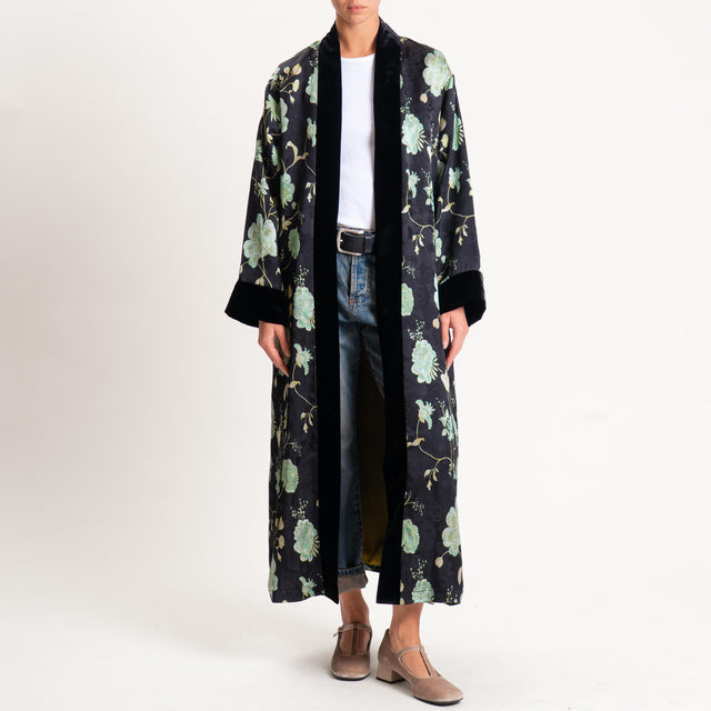 Wu'side-Kimono fantasia floreale bordi velluto - nero/menta