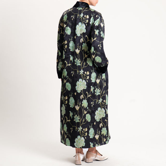 Wu'side-Kimono fantasia floreale bordi velluto - nero/menta