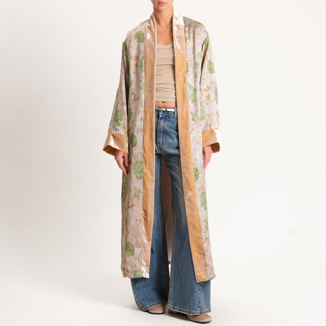 Wu'side-Kimono fantasia floreale bordi velluto - ostrica/menta