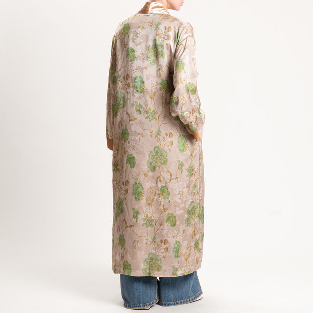 Wu'side-Kimono fantasia floreale bordi velluto - ostrica/menta