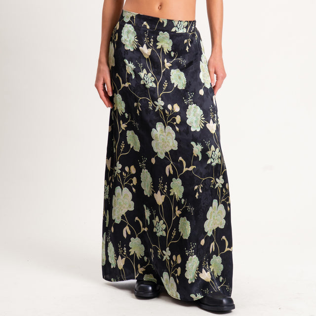 Wu'side-Gonna fantasia floreale elastico dietro - nero/menta
