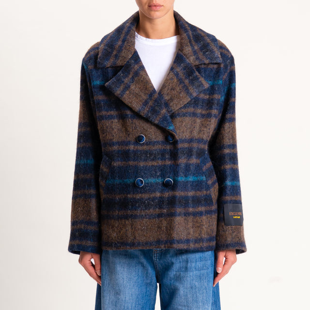 Wu'side-Cappotto check doppiopetto lana cotta - blu/moro