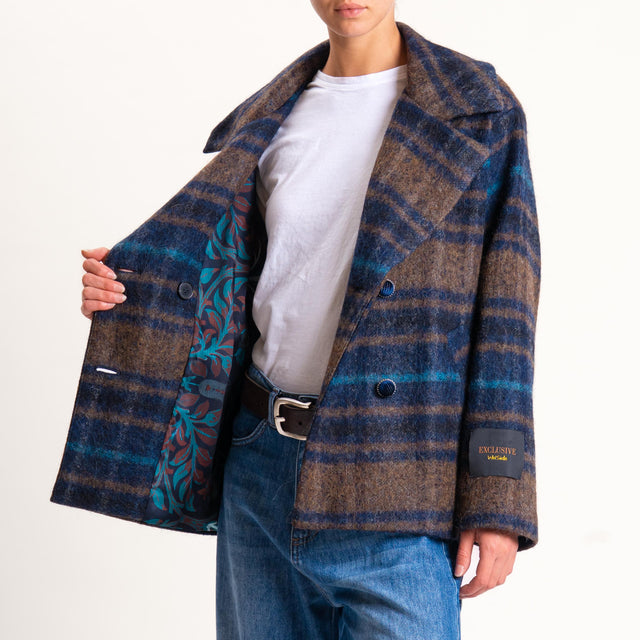 Wu'side-Cappotto check doppiopetto lana cotta - blu/moro