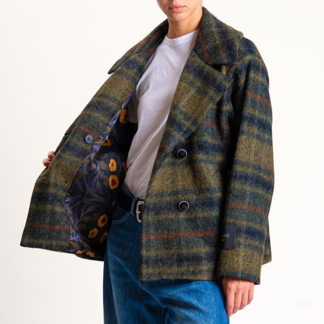 Wu'side-Cappotto check doppiopetto lana cotta - militare/verde bottiglia
