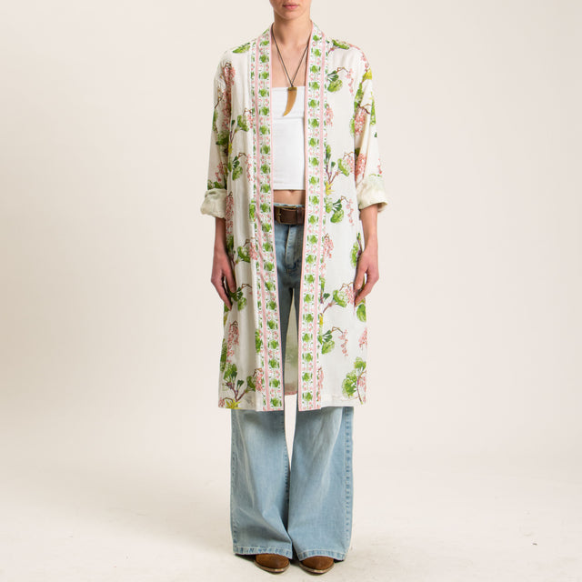 Wu'side-Kimono lungo mussola di cotone fantasia floreale - avorio/verde/rosa