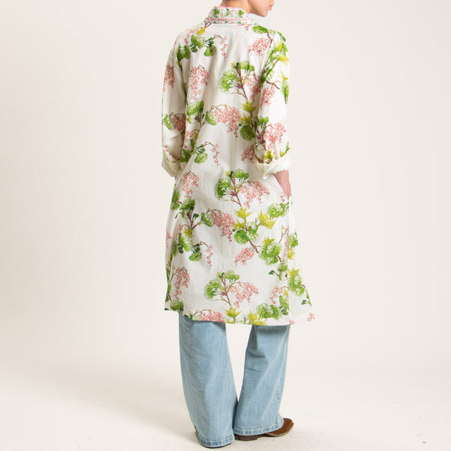 Wu'side-Kimono lungo mussola di cotone fantasia floreale - avorio/verde/rosa