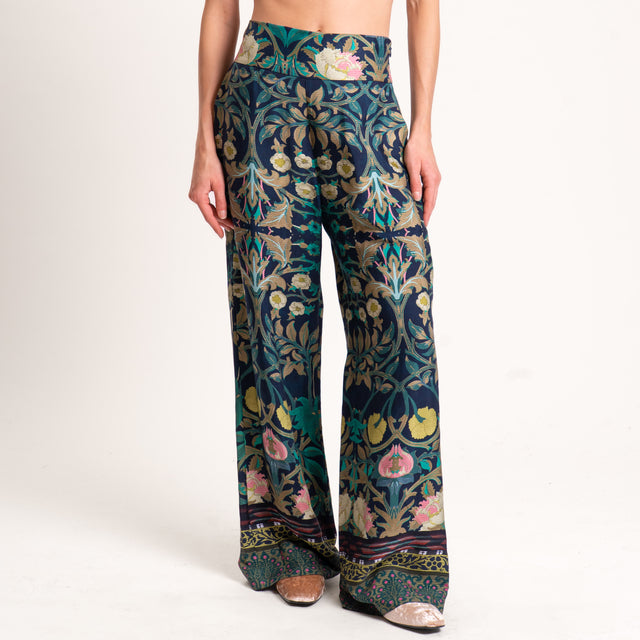 Wu'side-Pantalone fantasia floreale zip laterale - blu/olio/rosa