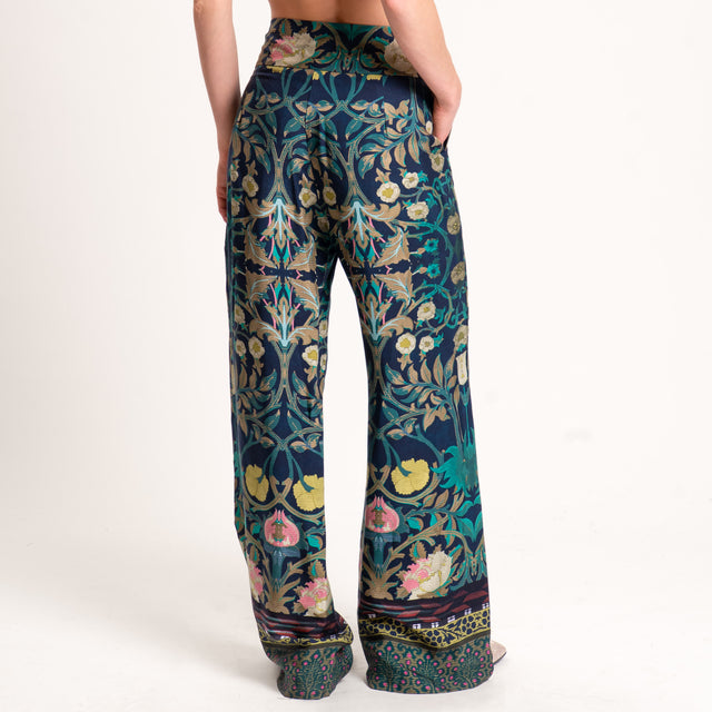 Wu'side-Pantalone fantasia floreale zip laterale - blu/olio/rosa