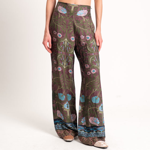 Wu'side-Pantalone fantasia floreale zip laterale - verde/cioccolato/polvere