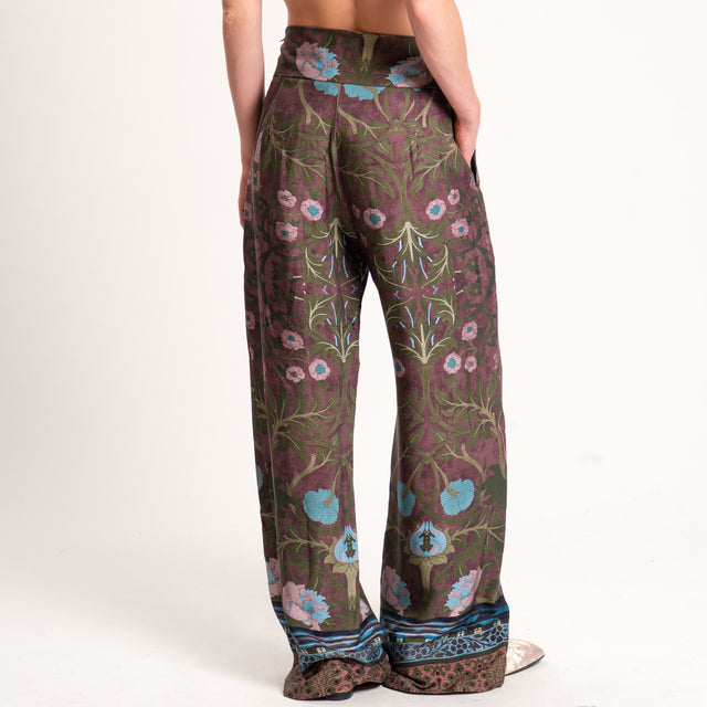 Wu'side-Pantalone fantasia floreale zip laterale - verde/cioccolato/polvere