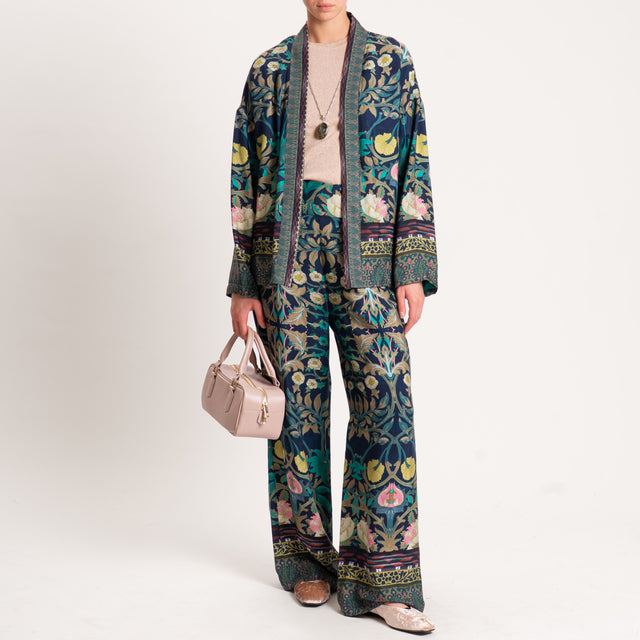 Wu'side-Kimono corto fantasia floreale con tasche - blu/olio/rosa