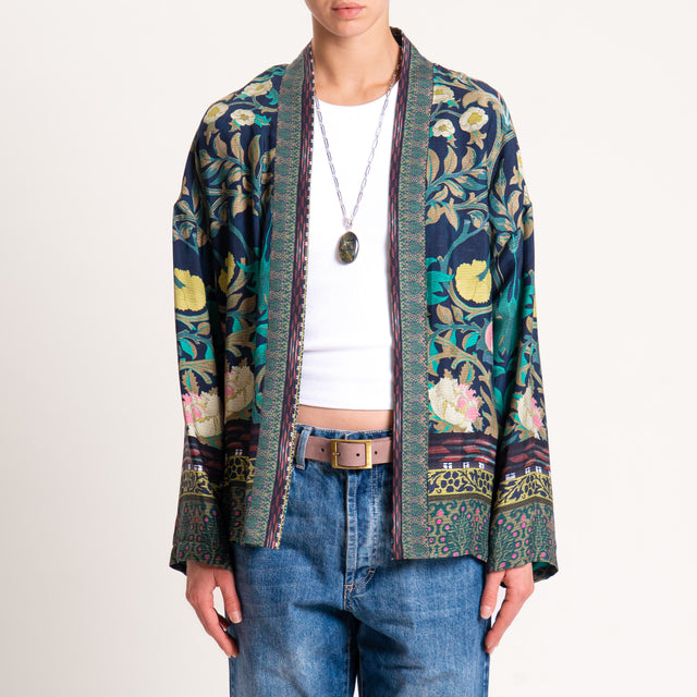Wu'side-Kimono corto fantasia floreale con tasche - blu/olio/rosa