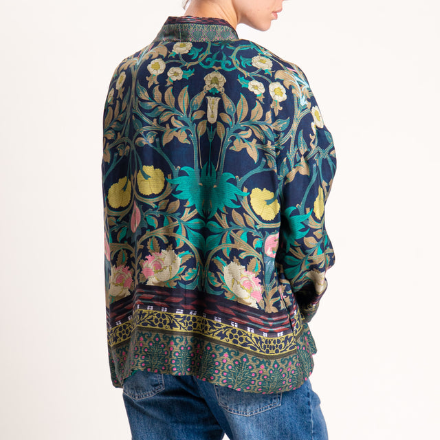 Wu'side-Kimono corto fantasia floreale con tasche - blu/olio/rosa