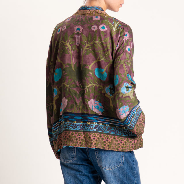 Wu'side-Kimono corto fantasia floreale con tasche - verde/cioccolato/polvere