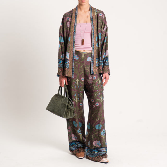 Wu'side-Kimono corto fantasia floreale con tasche - verde/cioccolato/polvere