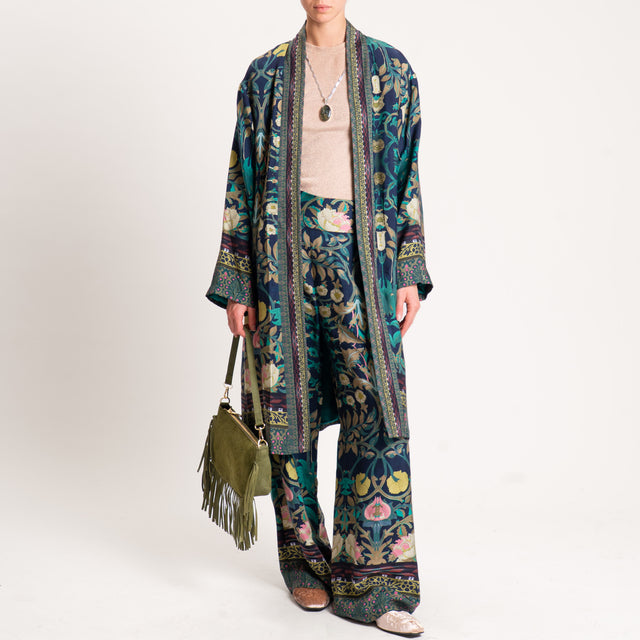 Wu'side-Kimono fantasia floreale con tasche - blu/olio/rosa