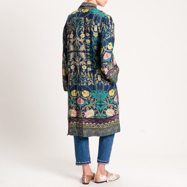 Wu'side-Kimono fantasia floreale con tasche - blu/olio/rosa
