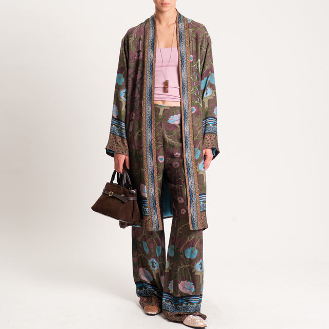 Wu'side-Kimono fantasia floreale con tasche - verde/cioccolato/polvere