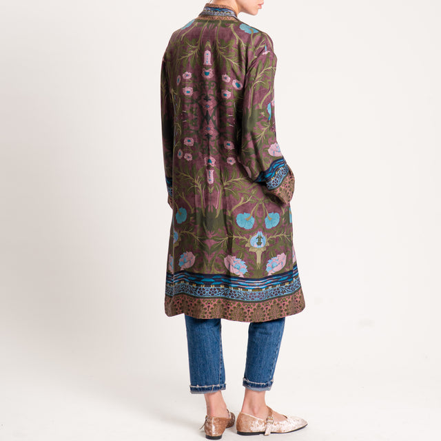 Wu'side-Kimono fantasia floreale con tasche - verde/cioccolato/polvere