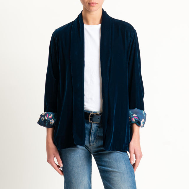 Wu'side-Kimono corto velluto fodera fantasia - blu