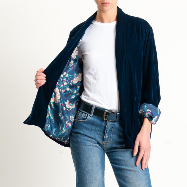 Wu'side-Kimono corto velluto fodera fantasia - blu