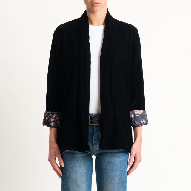 Wu'side-Kimono corto velluto fodera fantasia - nero