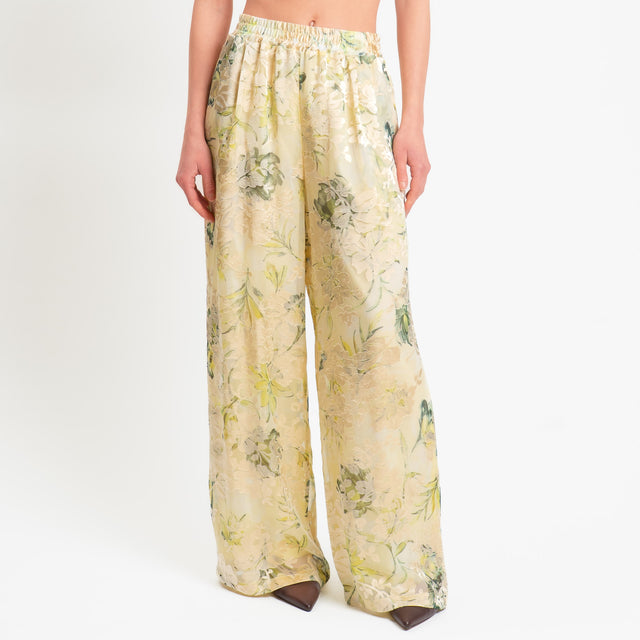 Wu'side-Pantalone organza fantasia floreale - crema/mimosa/salvia