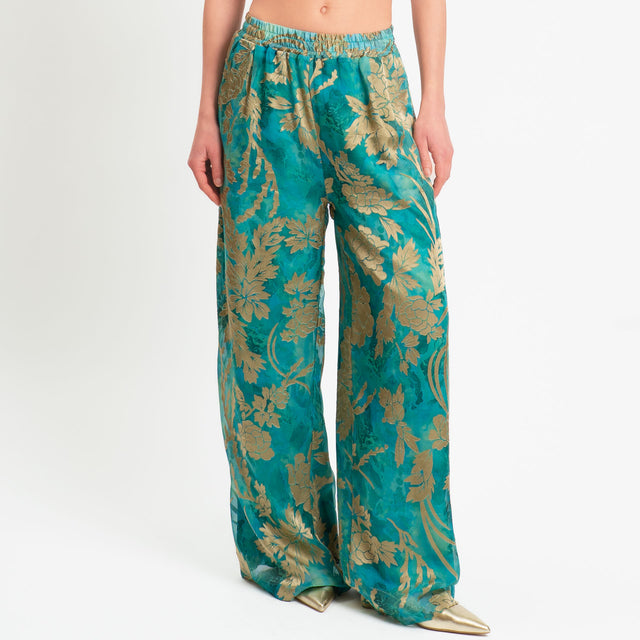 Wu'side-Pantalone organza fantasia floreale - smeraldo/sand