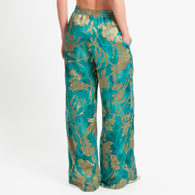 Wu'side-Pantalone organza fantasia floreale - smeraldo/sand