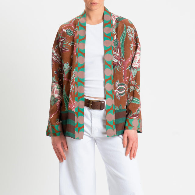 Wu'side-Kimono corto fantasia floreale - cioccolato/verde/acqua