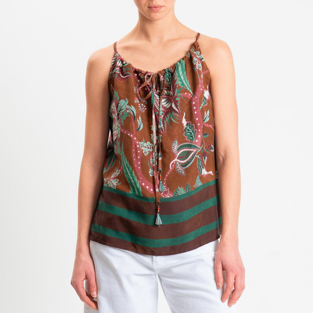 Wu'side-Top fantasia floreale con coulisse - cioccolato/verde/acqua