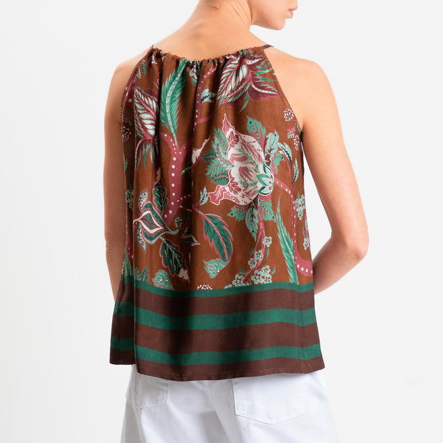 Wu'side-Top fantasia floreale con coulisse - cioccolato/verde/acqua