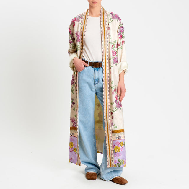 Wu'side-Kimono lungo fantasia floreale - panna/fucsia/lilla