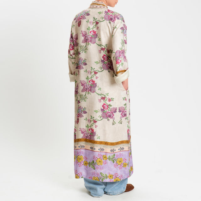 Wu'side-Kimono lungo fantasia floreale - panna/fucsia/lilla