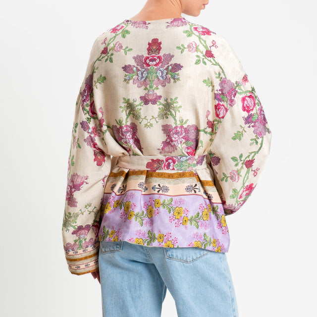 Wu'side-Kimono corto fantasia floreale - panna/fucsia/lilla