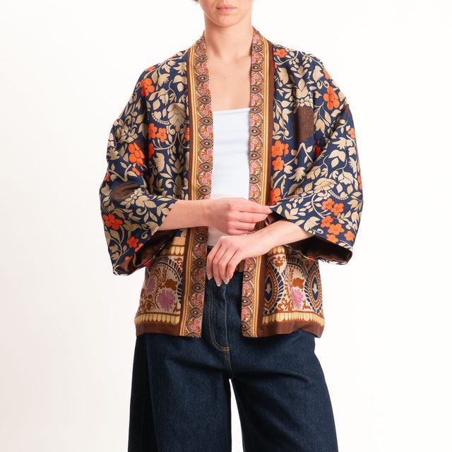 Wu'side-Kimono corto fantasia floreale - blu/cuoio/orange