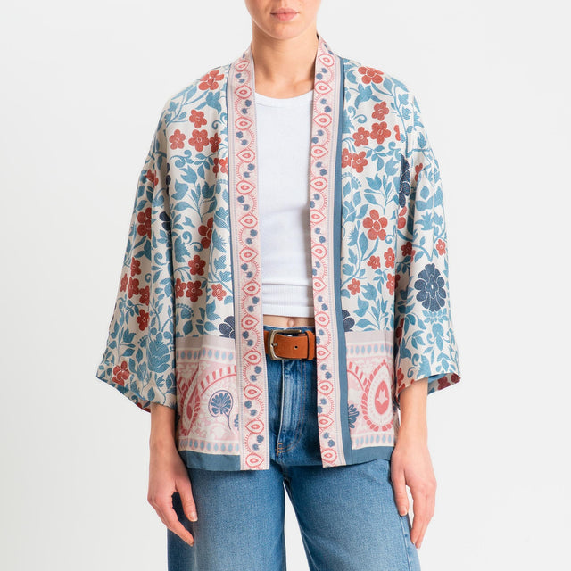 Wu'side-Kimono corto fantasia floreale - azzurro/panna/rosa