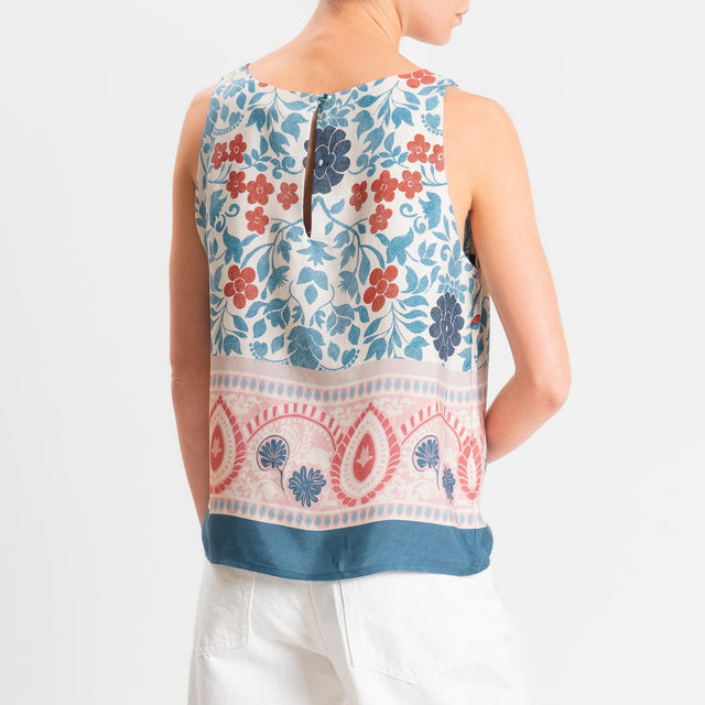Wu'side-Top fantasia floreale bottone dietro - azzurro/panna/rosa