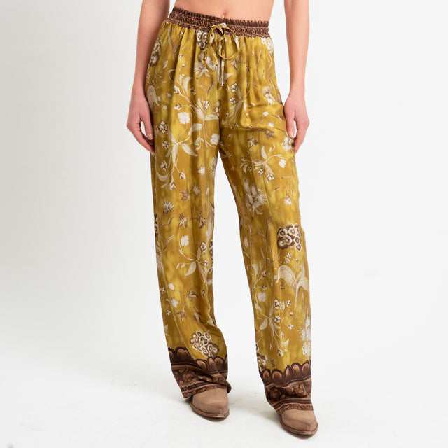 Wu'side-Pantalone fantasia floreale con coulisse - Senape/cioccolato