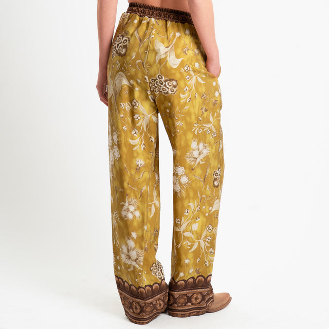Wu'side-Pantalone fantasia floreale con coulisse - Senape/cioccolato